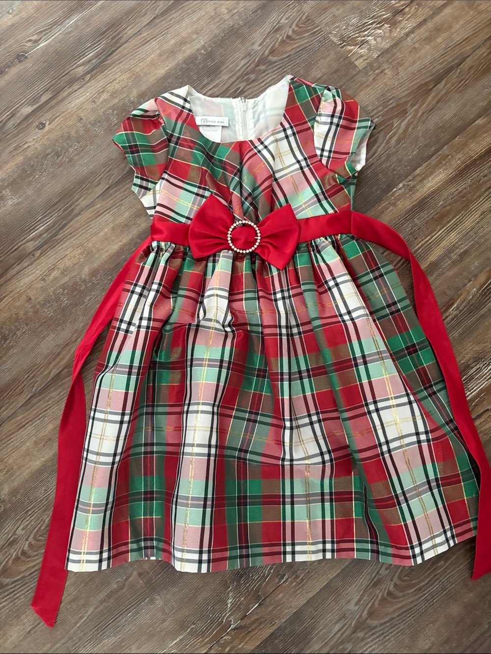 Bonnie Jean Red Green Plaid Holiday Dress with Red Bow